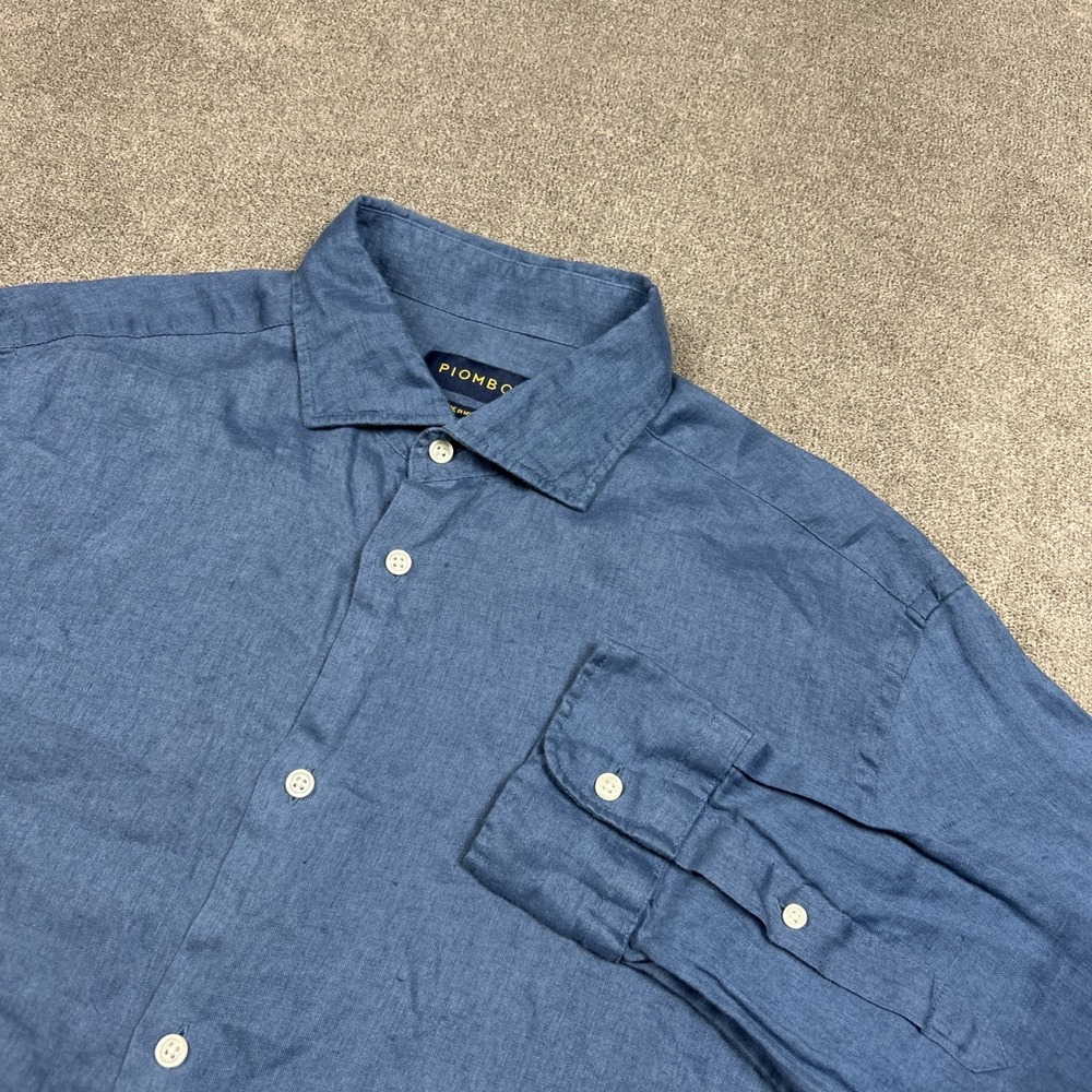 Piombo Shirt Mens Large Slim Fit 100% Linen Button Up Blue Long Sleeve Summer